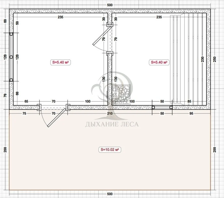 Планировка: Баня 5×2,5 м